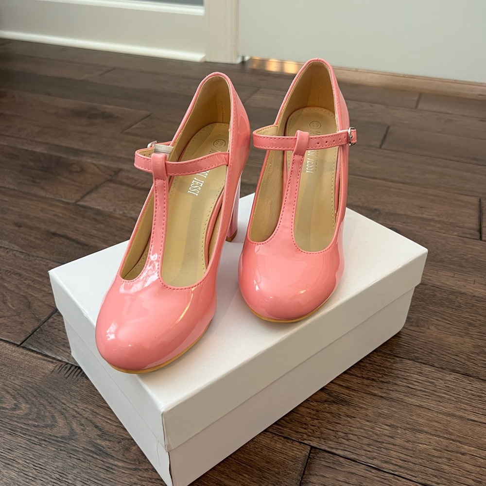 MATERNISI JESSI Women's T-Strap Mary Jane Pumps High Heel in Patent Pink